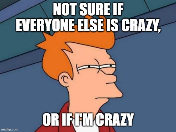 If you knew the amount of unpopular opinions I have... | NOT SURE IF EVERYONE ELSE IS CRAZY, OR IF I'M CRAZY | image tagged in memes,futurama fry | made w/ Imgflip meme maker