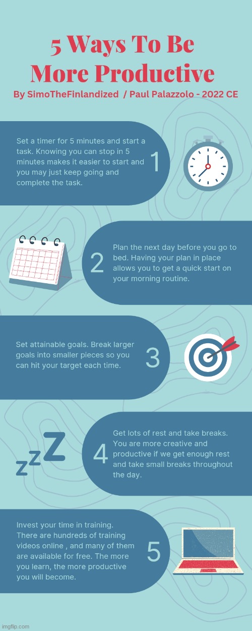 5 Ways To Be More Productive (By SimoTheFinlandized / Paul Palazzolo - 2022 CE) | image tagged in simothefinlandized,productivity,tips,infographic,tutorial | made w/ Imgflip meme maker