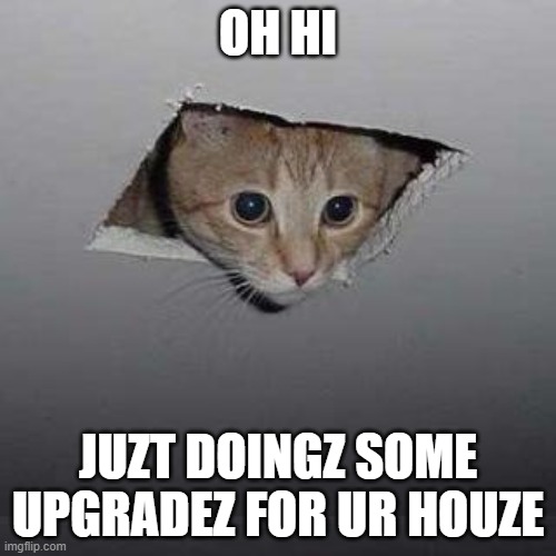Juzt doingz upgradez | OH HI; JUZT DOINGZ SOME UPGRADEZ FOR UR HOUZE | image tagged in memes,ceiling cat | made w/ Imgflip meme maker