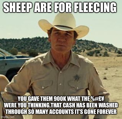 Tommy Lee Jones, No Country.. | SHEEP ARE FOR FLEECING YOU GAVE THEM 900K WHAT THE %#£¥ WERE YOU THINKING.THAT CASH HAS BEEN WASHED THROUGH SO MANY ACCOUNTS IT’S GONE FOREV | image tagged in tommy lee jones no country | made w/ Imgflip meme maker