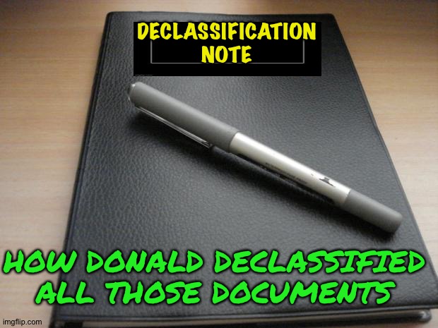 Just write it in the book and Bingo!  Instant declassification! | DECLASSIFICATION
NOTE; HOW DONALD DECLASSIFIED ALL THOSE DOCUMENTS | image tagged in death note | made w/ Imgflip meme maker