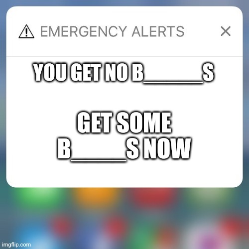 Beans | YOU GET NO B_____S; GET SOME B____S NOW | image tagged in emergency alert | made w/ Imgflip meme maker