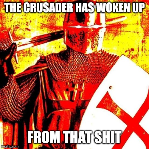 Deep Fried Crusader | THE CRUSADER HAS WOKEN UP FROM THAT SHIT | image tagged in deep fried crusader | made w/ Imgflip meme maker