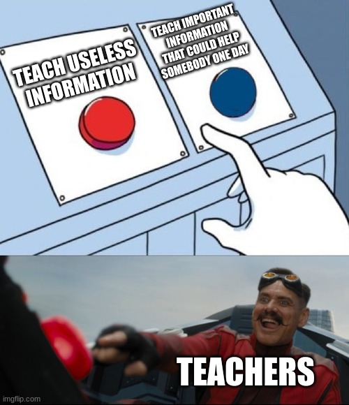 Robotnik Button | TEACH IMPORTANT INFORMATION THAT COULD HELP SOMEBODY ONE DAY; TEACH USELESS INFORMATION; TEACHERS | image tagged in robotnik button | made w/ Imgflip meme maker