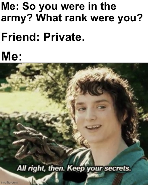 Dad Joke number 297 | Me: So you were in the army? What rank were you? Friend: Private. Me: | image tagged in alright then keep your secrets,memes,unfunny | made w/ Imgflip meme maker
