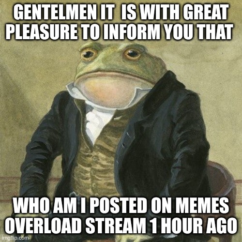 HE'S BACK!! | GENTELMEN IT  IS WITH GREAT PLEASURE TO INFORM YOU THAT; WHO AM I POSTED ON MEMES OVERLOAD STREAM 1 HOUR AGO | image tagged in gentlemen it is with great pleasure to inform you that | made w/ Imgflip meme maker