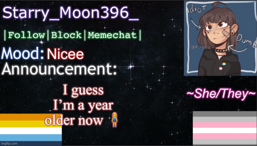 yee- ✨ | I guess I’m a year older now 🧍‍♀️; Nicee | image tagged in starry_moon396 s announcement template v6 | made w/ Imgflip meme maker
