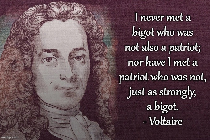 Voltaire | I never met a
bigot who was
not also a patriot;
nor have I met a
patriot who was not,
just as strongly,
a bigot.
- Voltaire | image tagged in voltaire | made w/ Imgflip meme maker