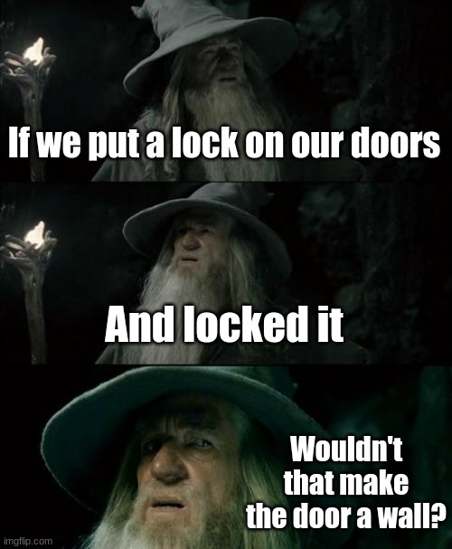 Nein und Ja (Don't translate it) | If we put a lock on our doors; And locked it; Wouldn't that make the door a wall? | image tagged in memes,confused gandalf | made w/ Imgflip meme maker