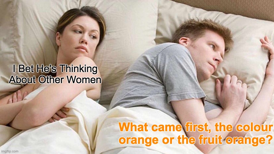 Well, which one did? | I Bet He's Thinking About Other Women; What came first, the colour orange or the fruit orange? | image tagged in memes,i bet he's thinking about other women | made w/ Imgflip meme maker