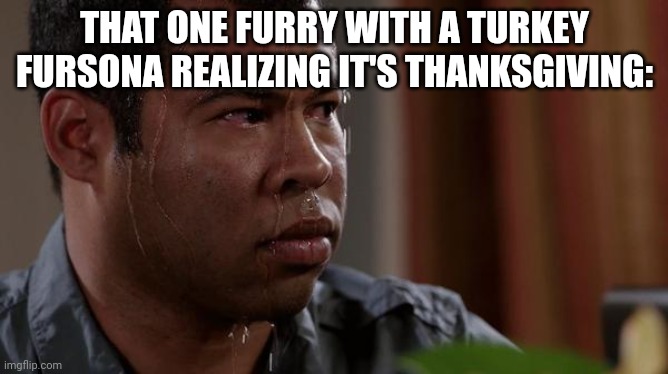 Happy Thanksgiving! | THAT ONE FURRY WITH A TURKEY FURSONA REALIZING IT'S THANKSGIVING: | image tagged in sweating bullets | made w/ Imgflip meme maker