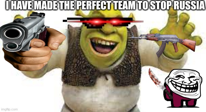 stop russia | I HAVE MADE THE PERFECT TEAM TO STOP RUSSIA | image tagged in shrek,amogus | made w/ Imgflip meme maker