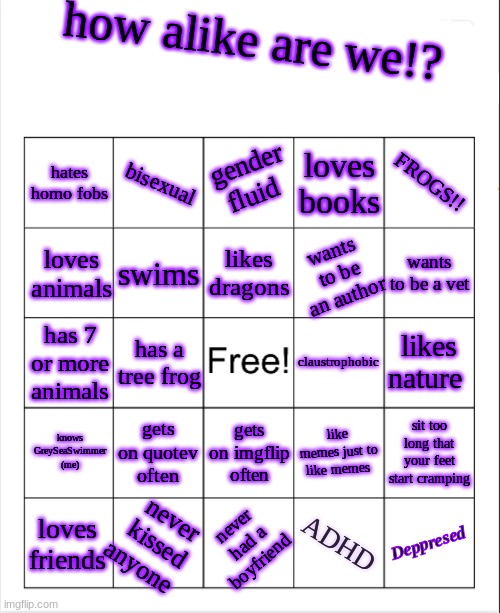 blank bingo template (with better font) | how alike are we!? hates homo fobs; bisexual; gender fluid; loves books; FROGS!! likes dragons; loves animals; swims; wants to be an author; wants to be a vet; likes nature; has 7 or more animals; claustrophobic; has a tree frog; gets on quotev often; like memes just to like memes; knows GreySeaSwimmer (me); sit too long that your feet start cramping; gets on imgflip often; Depressed; never had a boyfriend; ADHD; never kissed anyone; loves friends | image tagged in blank bingo template with better font | made w/ Imgflip meme maker