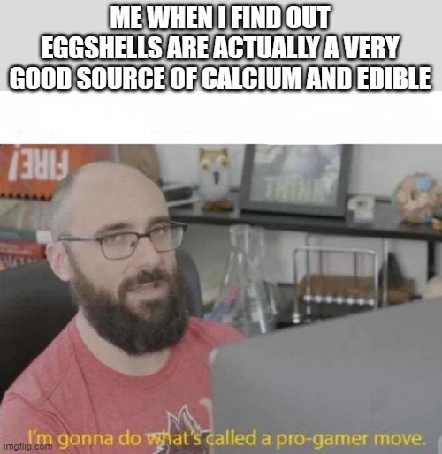 Pro Gamer move by Eating Eggshells | ME WHEN I FIND OUT EGGSHELLS ARE ACTUALLY A VERY GOOD SOURCE OF CALCIUM AND EDIBLE | image tagged in pro gamer move,memes,eggs,eggshells,calcium,big brain | made w/ Imgflip meme maker
