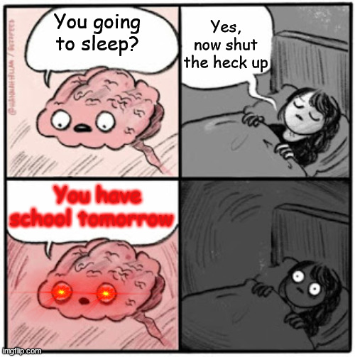True.. pain at its finest | Yes, now shut the heck up; You going to sleep? You have school tomorrow | image tagged in brain before sleep | made w/ Imgflip meme maker