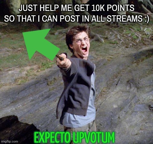 Expecto Upvotum | JUST HELP ME GET 10K POINTS SO THAT I CAN POST IN ALL STREAMS :) | image tagged in expecto upvotum | made w/ Imgflip meme maker