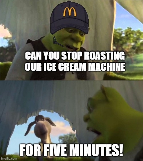 shrek five minutes | CAN YOU STOP ROASTING OUR ICE CREAM MACHINE FOR FIVE MINUTES! | image tagged in shrek five minutes | made w/ Imgflip meme maker