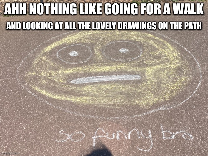 Some kid has got a real sense of humor… |  AHH NOTHING LIKE GOING FOR A WALK; AND LOOKING AT ALL THE LOVELY DRAWINGS ON THE PATH | image tagged in emoji,cursed emoji,odd,lmao,sarcasm | made w/ Imgflip meme maker