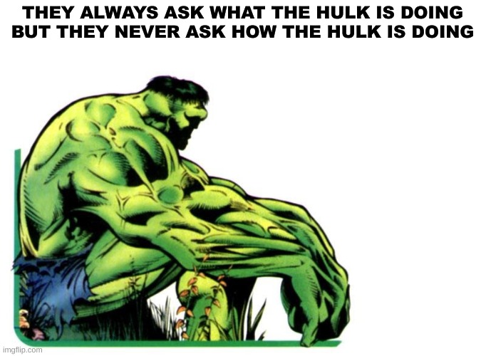 hulk has better character writing than she-hulk change my mind | THEY ALWAYS ASK WHAT THE HULK IS DOING
BUT THEY NEVER ASK HOW THE HULK IS DOING | image tagged in hulk get out of x i want to be alone | made w/ Imgflip meme maker