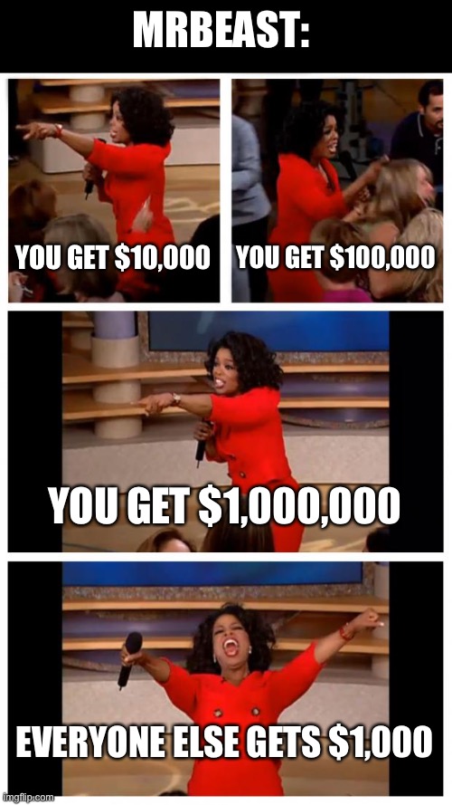 True | MRBEAST:; YOU GET $10,000; YOU GET $100,000; YOU GET $1,000,000; EVERYONE ELSE GETS $1,000 | image tagged in memes,oprah you get a car everybody gets a car | made w/ Imgflip meme maker