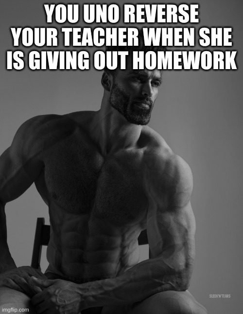 Giga Chad | YOU UNO REVERSE YOUR TEACHER WHEN SHE IS GIVING OUT HOMEWORK | image tagged in giga chad | made w/ Imgflip meme maker