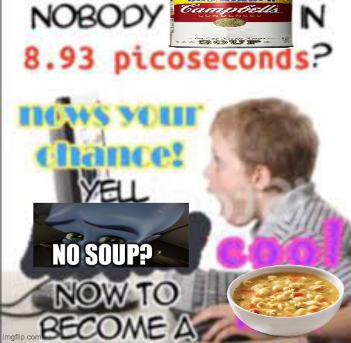 yell dead chat xD now to become a cool kid | NO SOUP? | image tagged in yell dead chat xd now to become a cool kid | made w/ Imgflip meme maker