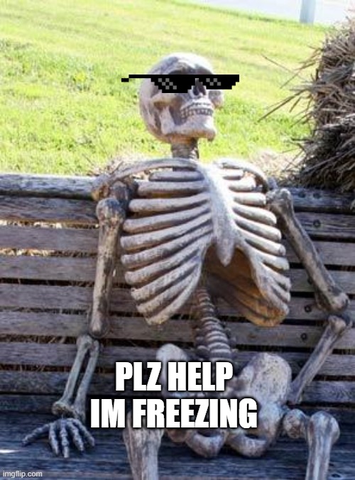 Waiting Skeleton | PLZ HELP IM FREEZING | image tagged in memes,waiting skeleton,cold,cool,funny meme,funny | made w/ Imgflip meme maker