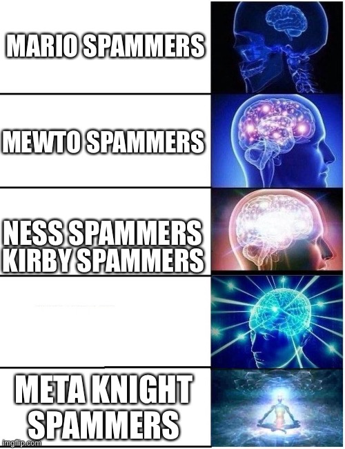 Expanding Brain 5 Panel | MARIO SPAMMERS; MEWTO SPAMMERS; NESS SPAMMERS; KIRBY SPAMMERS; META KNIGHT SPAMMERS | image tagged in expanding brain 5 panel | made w/ Imgflip meme maker