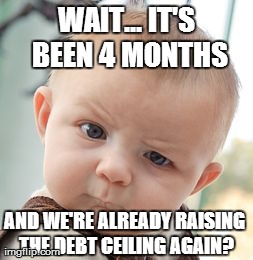 If this isn't proof we're in trouble, then I don't know what is... | WAIT... IT'S BEEN 4 MONTHS AND WE'RE ALREADY RAISING THE DEBT CEILING AGAIN? | image tagged in memes,skeptical baby,economy,politics,fails,babes | made w/ Imgflip meme maker