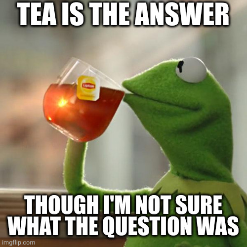 Kermit has the answer | TEA IS THE ANSWER; THOUGH I'M NOT SURE WHAT THE QUESTION WAS | image tagged in memes,but that's none of my business,kermit the frog | made w/ Imgflip meme maker