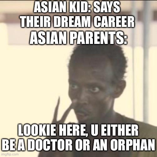 Look At Me | ASIAN KID: SAYS THEIR DREAM CAREER; ASIAN PARENTS:; LOOKIE HERE, U EITHER BE A DOCTOR OR AN ORPHAN | image tagged in memes,look at me | made w/ Imgflip meme maker