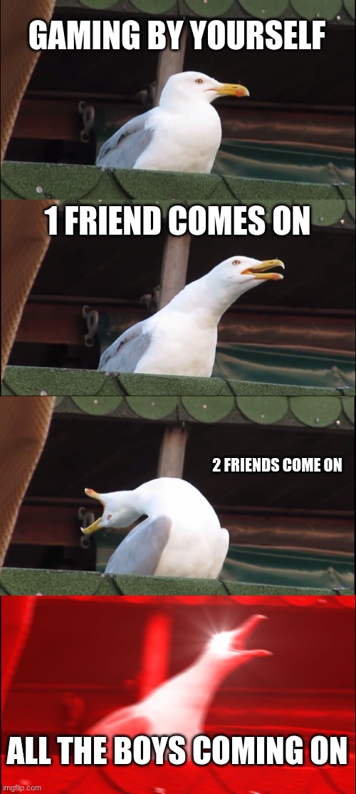Inhaling Seagull | GAMING BY YOURSELF; 1 FRIEND COMES ON; 2 FRIENDS COME ON; ALL THE BOYS COMING ON | image tagged in memes,inhaling seagull | made w/ Imgflip meme maker