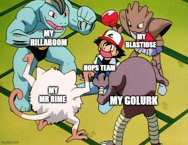 pokemon shield | MY RILLABOOM; MY BLASTIOSE; HOPS TEAM; MY MR RIME; MY GOLURK | image tagged in pokemon gang | made w/ Imgflip meme maker