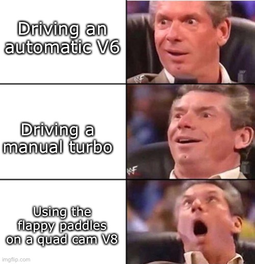Flappy paddles go brrrr | Driving an automatic V6; Driving a manual turbo; Using the flappy paddles on a quad cam V8 | image tagged in emocionado vince mcmahon ww3 3 paneles,v8,manual,automatic,sports | made w/ Imgflip meme maker
