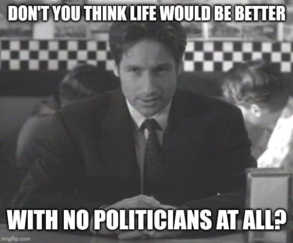 I honestly do. | DON'T YOU THINK LIFE WOULD BE BETTER; WITH NO POLITICIANS AT ALL? | image tagged in mulder announcing stuff | made w/ Imgflip meme maker