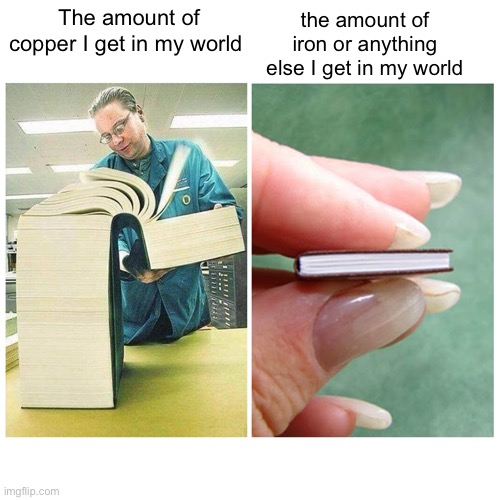 only if they give it a good use instead of the spyglass and lightning rod | the amount of iron or anything else I get in my world; The amount of copper I get in my world | image tagged in big book vs little book,minecraft | made w/ Imgflip meme maker