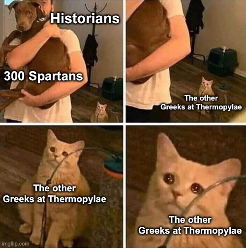 Ignored cat | Historians; 300 Spartans; The other Greeks at Thermopylae; The other Greeks at Thermopylae; The other Greeks at Thermopylae | image tagged in ignored cat | made w/ Imgflip meme maker
