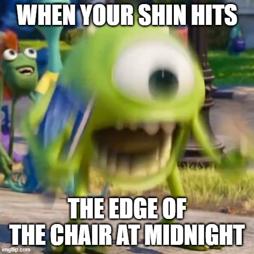Ouch | WHEN YOUR SHIN HITS; THE EDGE OF THE CHAIR AT MIDNIGHT | image tagged in mike wazowski | made w/ Imgflip meme maker