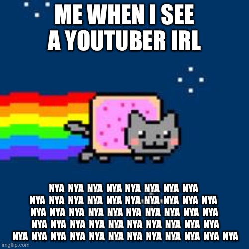 Me when I see a YouTuber IRL. | ME WHEN I SEE A YOUTUBER IRL; NYA  NYA  NYA  NYA  NYA  NYA  NYA  NYA  NYA  NYA  NYA  NYA  NYA  NYA  NYA  NYA  NYA  NYA  NYA  NYA  NYA  NYA  NYA  NYA  NYA  NYA  NYA  NYA  NYA  NYA  NYA  NYA  NYA  NYA  NYA  NYA  NYA  NYA  NYA  NYA  NYA  NYA  NYA  NYA  NYA  NYA  NYA  NYA  NYA  NYA | image tagged in nyan cat,memes,funny memes | made w/ Imgflip meme maker