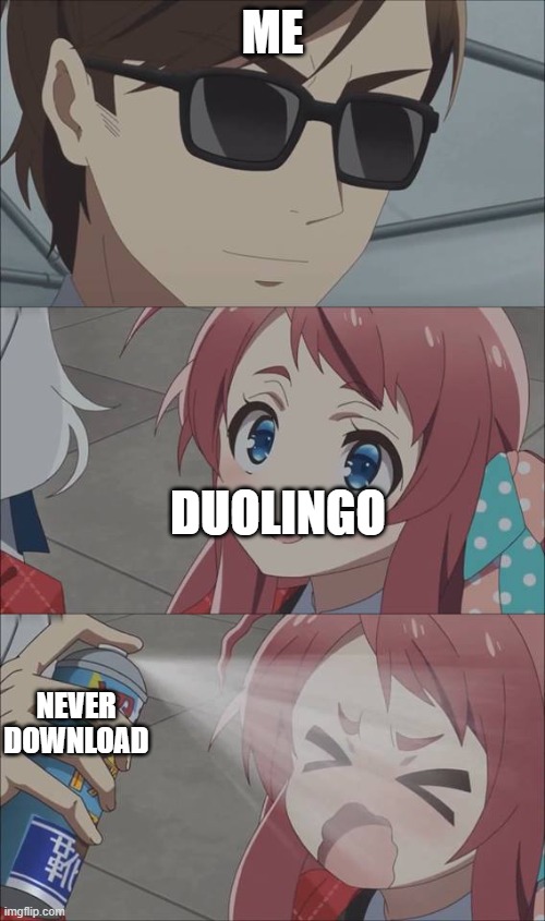 im a smart ? | ME; DUOLINGO; NEVER DOWNLOAD | image tagged in anime spray,duolingo | made w/ Imgflip meme maker