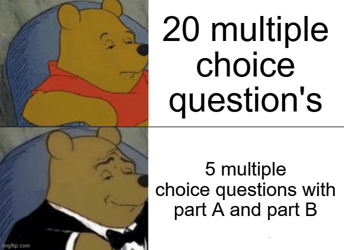 Tuxedo Winnie The Pooh | 20 multiple choice question's; 5 multiple choice questions with part A and part B | image tagged in memes,tuxedo winnie the pooh,relatable | made w/ Imgflip meme maker