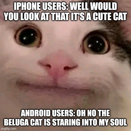 Beluga meme | IPHONE USERS: WELL WOULD YOU LOOK AT THAT IT'S A CUTE CAT; ANDROID USERS: OH NO THE BELUGA CAT IS STARING INTO MY SOUL | image tagged in beluga,android,funny memes,iphone | made w/ Imgflip meme maker