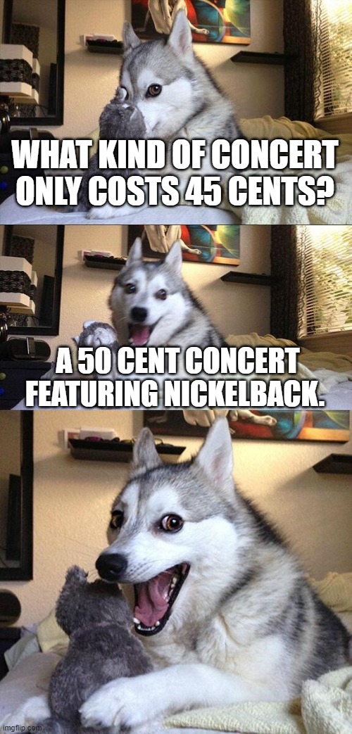 bad pun dog | WHAT KIND OF CONCERT ONLY COSTS 45 CENTS? A 50 CENT CONCERT FEATURING NICKELBACK. | image tagged in memes,bad pun dog,lol | made w/ Imgflip meme maker