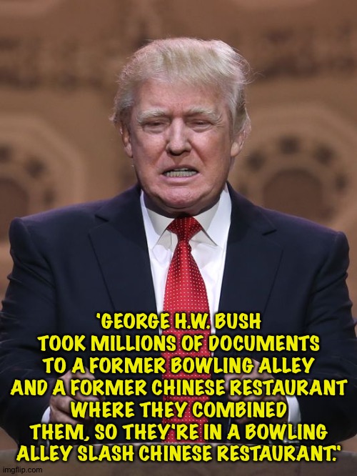 Donald Trump doing a bellyflop off the deep end | 'GEORGE H.W. BUSH TOOK MILLIONS OF DOCUMENTS TO A FORMER BOWLING ALLEY AND A FORMER CHINESE RESTAURANT WHERE THEY COMBINED THEM, SO THEY'RE IN A BOWLING ALLEY SLASH CHINESE RESTAURANT." | image tagged in donald trump | made w/ Imgflip meme maker