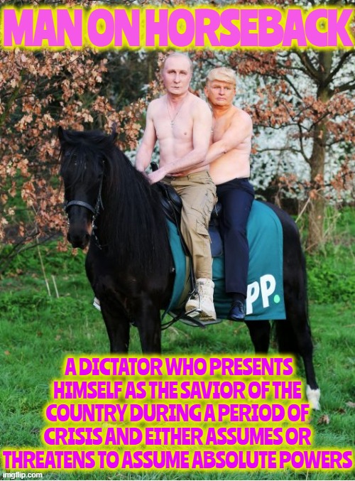 MAN ON HORSEBACK | MAN ON HORSEBACK; A DICTATOR WHO PRESENTS HIMSELF AS THE SAVIOR OF THE COUNTRY DURING A PERIOD OF CRISIS AND EITHER ASSUMES OR THREATENS TO ASSUME ABSOLUTE POWERS | image tagged in man on horseback,dictator,power,tyrant,savior,crisis | made w/ Imgflip meme maker