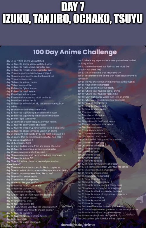 100 day anime challenge | DAY 7
IZUKU, TANJIRO, OCHAKO, TSUYU | image tagged in 100 day anime challenge | made w/ Imgflip meme maker