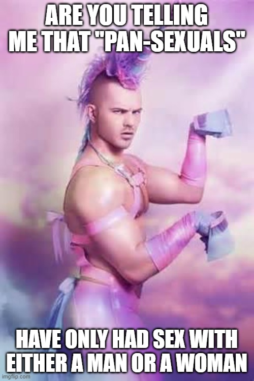 Gay Unicorn | ARE YOU TELLING ME THAT "PAN-SEXUALS" HAVE ONLY HAD SEX WITH EITHER A MAN OR A WOMAN | image tagged in gay unicorn | made w/ Imgflip meme maker