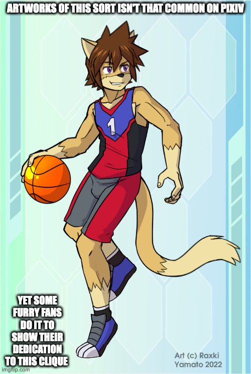 Furry Basketball Player (Credit to Raxki Yamato on Deviantart) | ARTWORKS OF THIS SORT ISN'T THAT COMMON ON PIXIV; YET SOME FURRY FANS DO IT TO SHOW THEIR DEDICATION TO THIS CLIQUE | image tagged in furry,sports,memes,basketball | made w/ Imgflip meme maker
