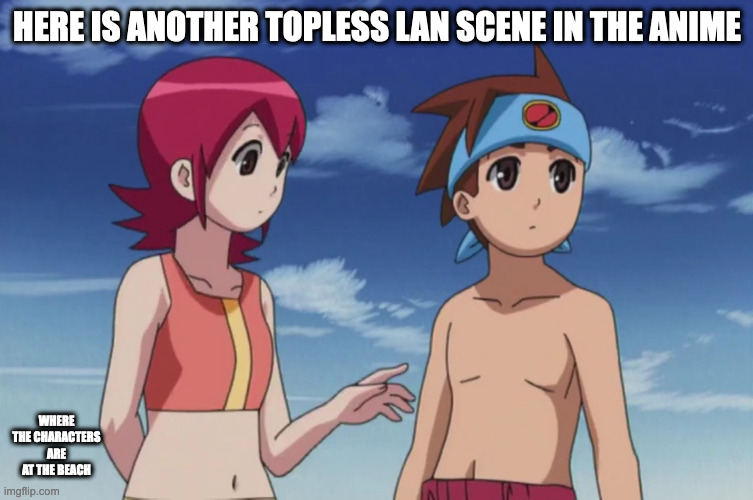 Battle Network Anime Beach Scene | HERE IS ANOTHER TOPLESS LAN SCENE IN THE ANIME; WHERE THE CHARACTERS ARE AT THE BEACH | image tagged in megaman,megaman battle network,anime,memes | made w/ Imgflip meme maker