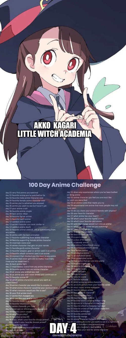 AKKO  KAGARI LITTLE WITCH ACADEMIA; DAY 4 | image tagged in 100 day anime challenge | made w/ Imgflip meme maker